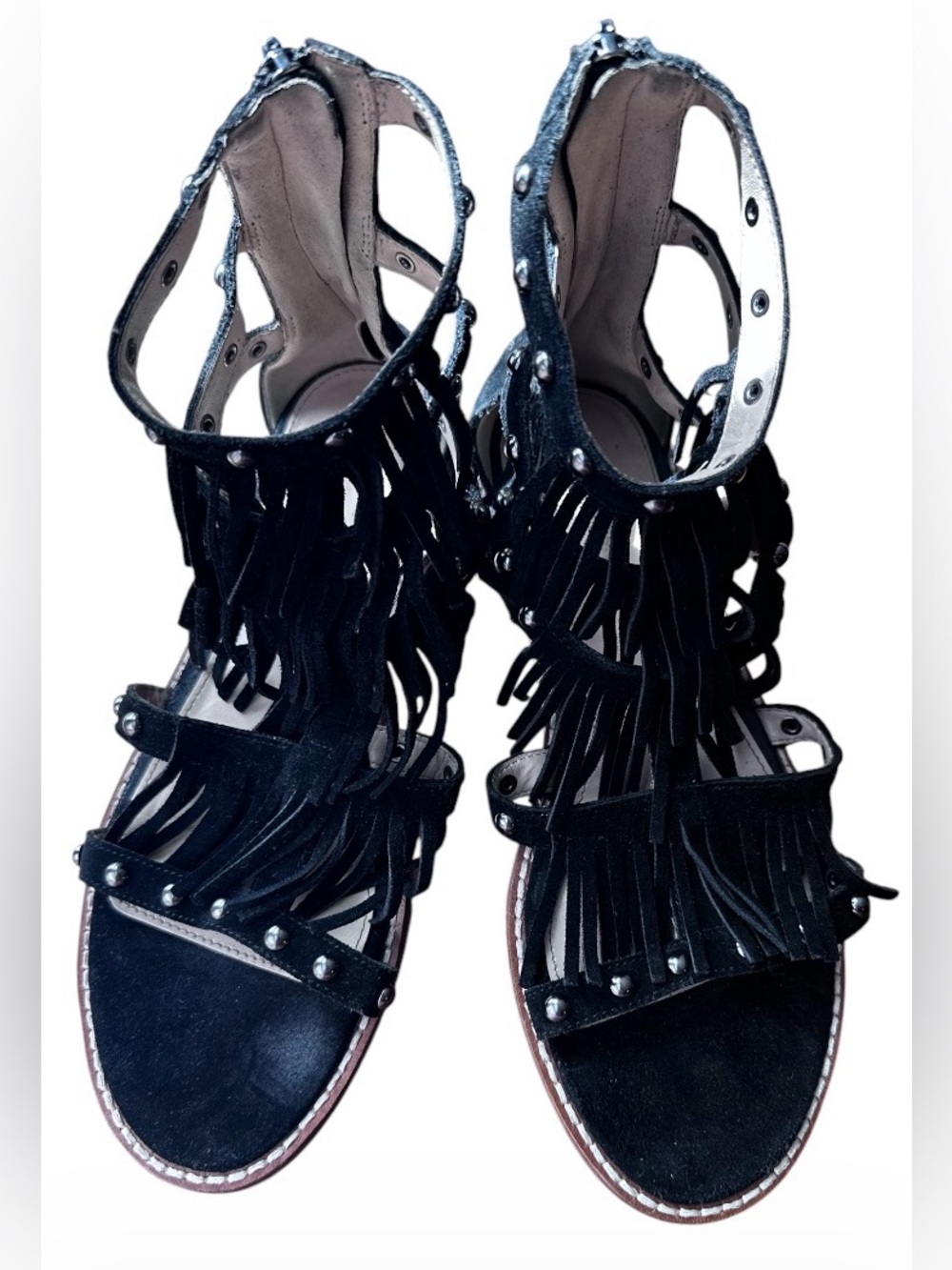 Pelle Moda Helen 2 black suede fringe gladiator sandals 7.5